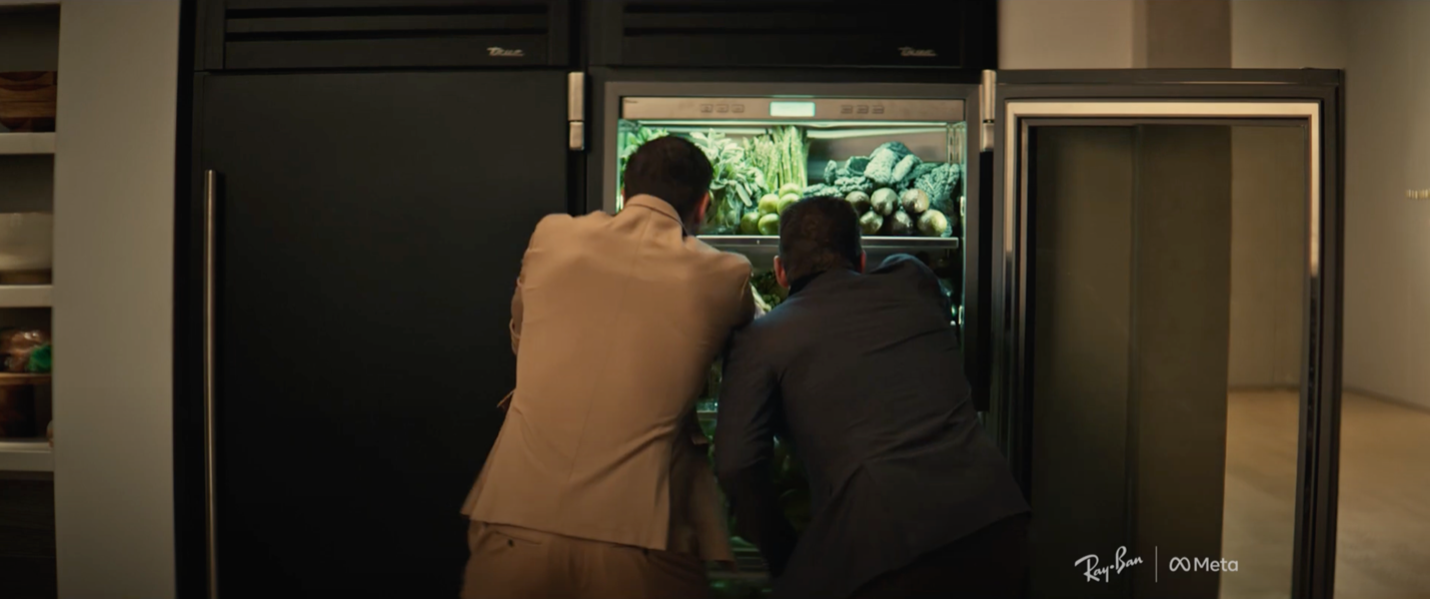 Screengrab of 'Hey Meta, Who Eats Art', characters looking in fridge